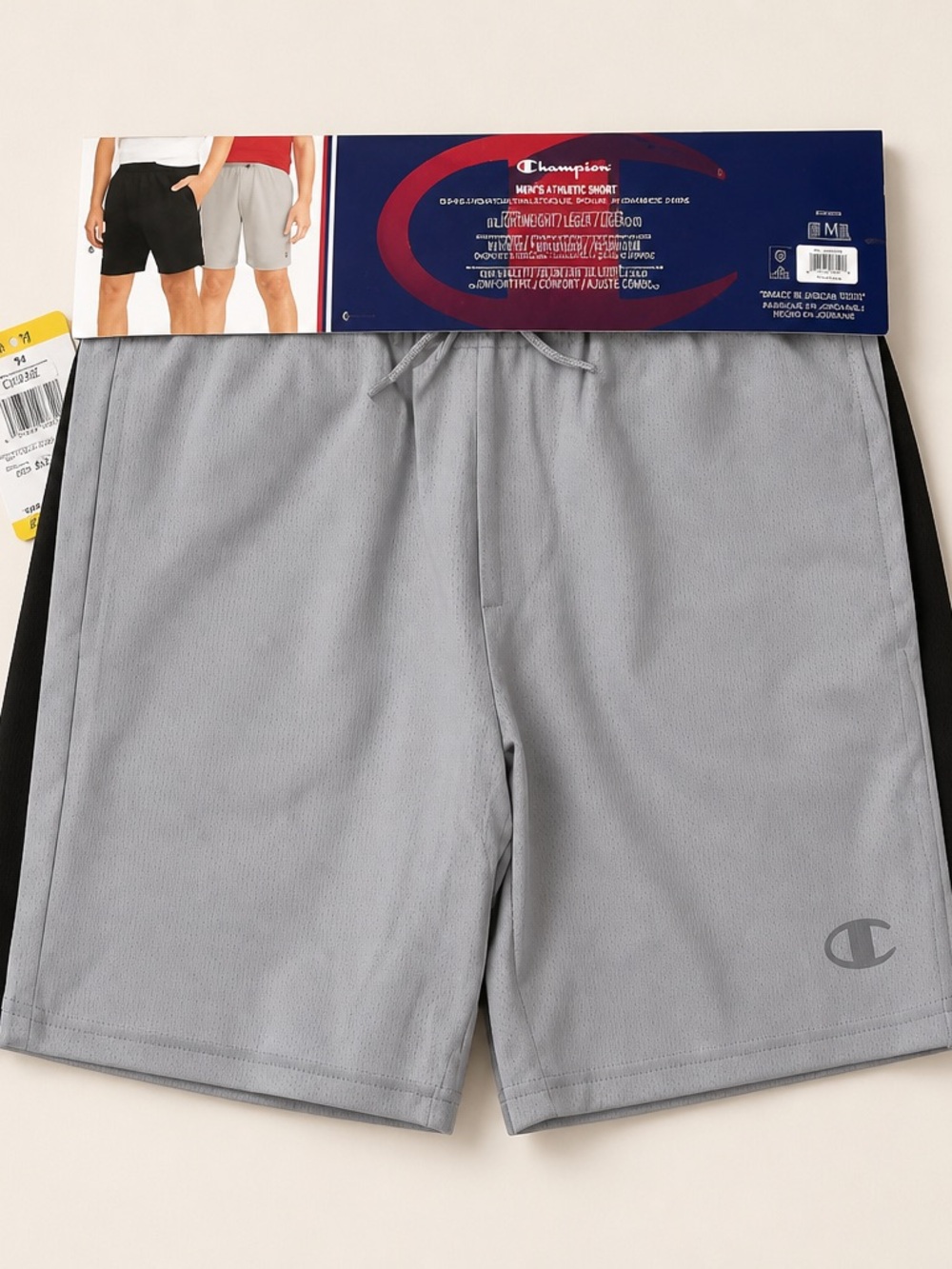 Champion Menโs Light Gray Athletic Shorts with Black Side Panels